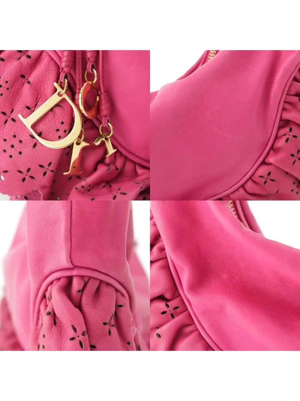 Dior Gypsy Leather Ruffle Hobo Shoulder Handbag Fuchsia Pink